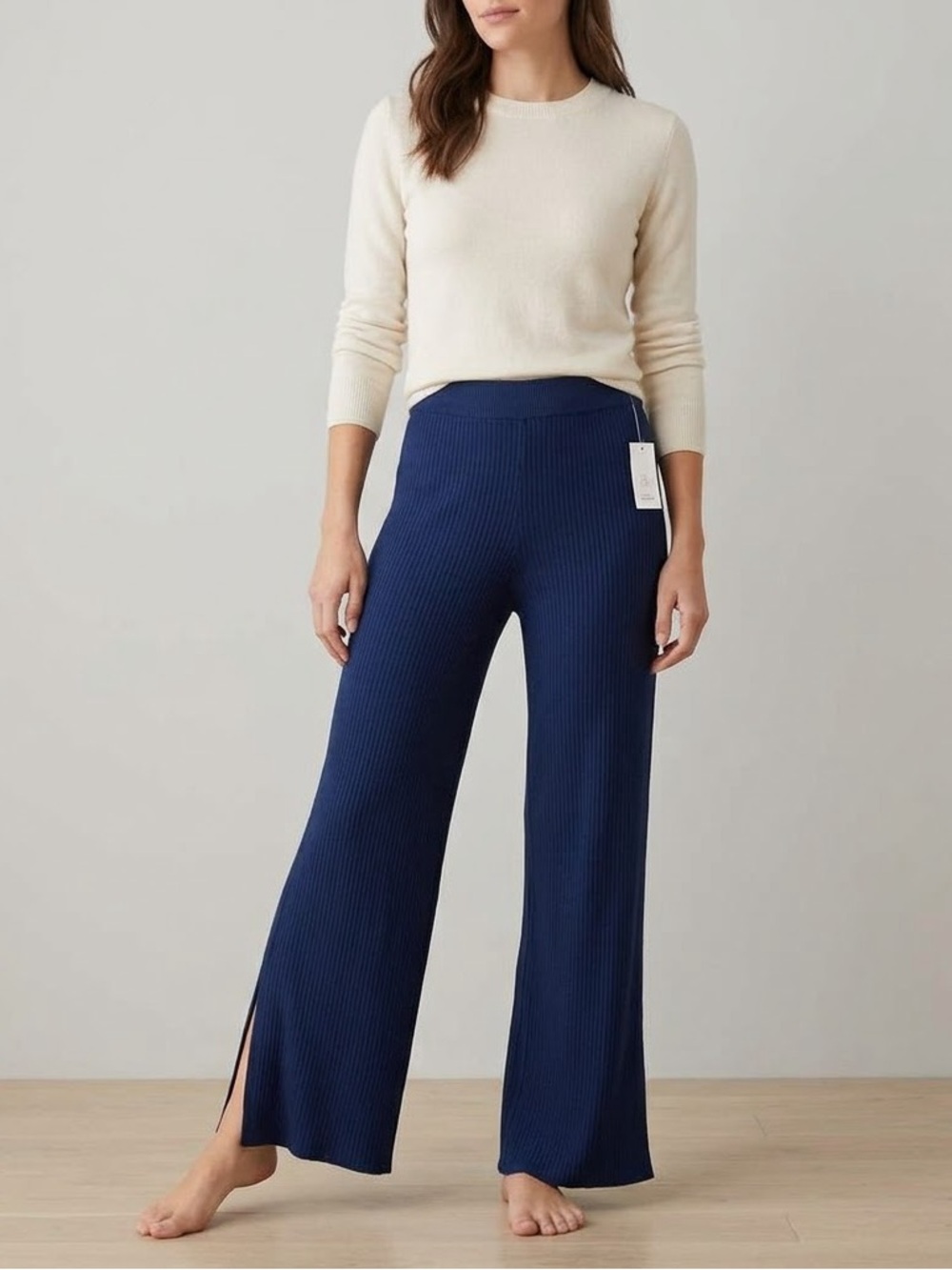 NWT Pink Rose Navy Tide Ribbed Knit Wide Leg Pants Size L Side Slits⁠